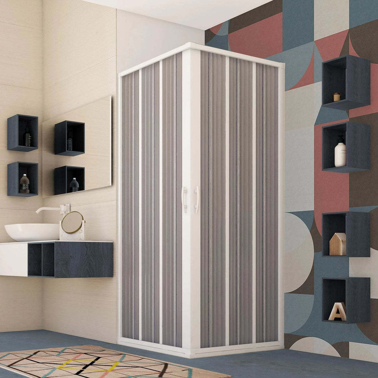 GIOVE NEW FLEX douchescherm met middensluiting, transparante kunststof lamellen en robuust kunststof frame, ruimtebesparende douchewand van 75/90 cm breed en 185 cm hoog