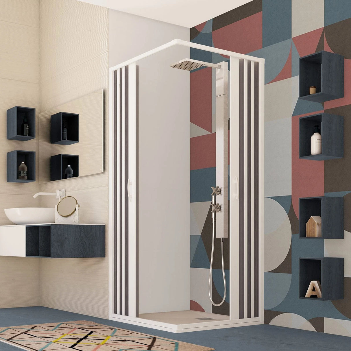 GIOVE NEW FLEX douchescherm met middensluiting, transparante kunststof lamellen en robuust kunststof frame, ruimtebesparende douchewand van 75/90 cm breed en 185 cm hoog
