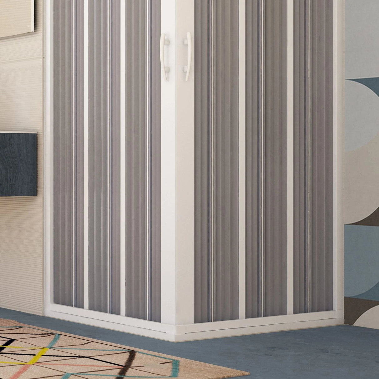 GIOVE NEW FLEX douchescherm met middensluiting, transparante kunststof lamellen en robuust kunststof frame, ruimtebesparende douchewand van 75/90 cm breed en 185 cm hoog