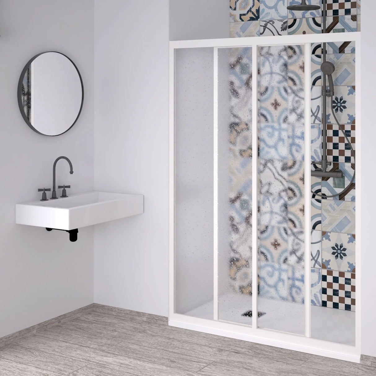 acril douchecabine met zijsluiting witte pvc profielen acryl guazza effect schuifdeuren hoogte 190 cm verstelbare moderne douchecabine