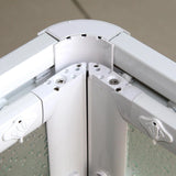 acril hoekdouchecabine met centrale opening witte pvc profielen acryl guazza effect schuifdeuren hoogte 190 cm verstelbare moderne douchecabine