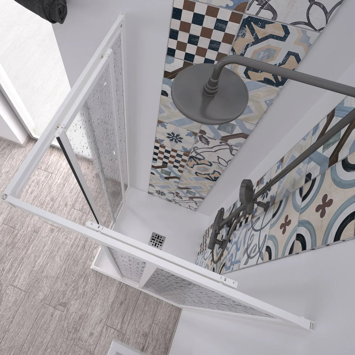 acril hoekdouchecabine met centrale opening witte pvc profielen acryl guazza effect schuifdeuren hoogte 190 cm verstelbare moderne douchecabine