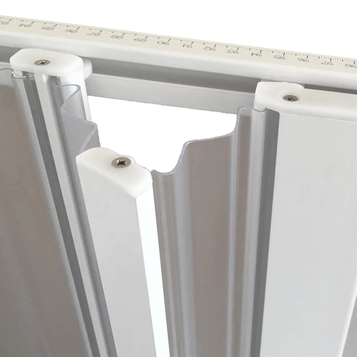 luna new flex douchescherm met zijsluiting witte pvc profielen balgopening verstelbaar ontwerp voorgemonteerde vouwdeuren ruimtebesparende douchewand
