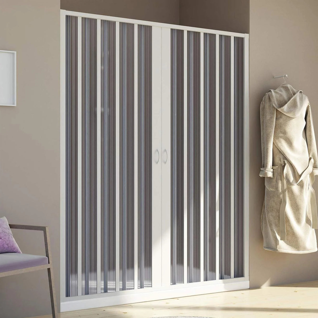 marte new flex douchescherm met middensluiting transparante lamellen witte pvc profielen verstelbaar ontwerp hoogte 185 cm ruimtebesparende douchewand