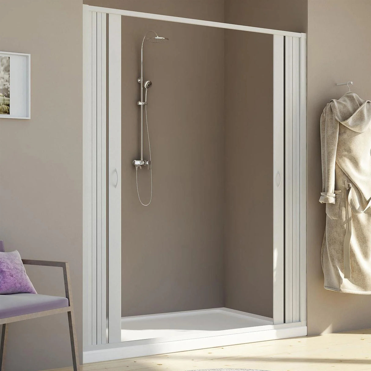 marte new flex douchescherm met middensluiting transparante lamellen witte pvc profielen verstelbaar ontwerp hoogte 185 cm ruimtebesparende douchewand