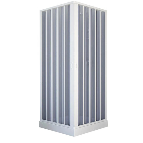 nova sky hoekdouchecabine met centrale opening witte pvc profielen balgopening magnetische sluiting verstelbaar ruimtebesparende douchecabine