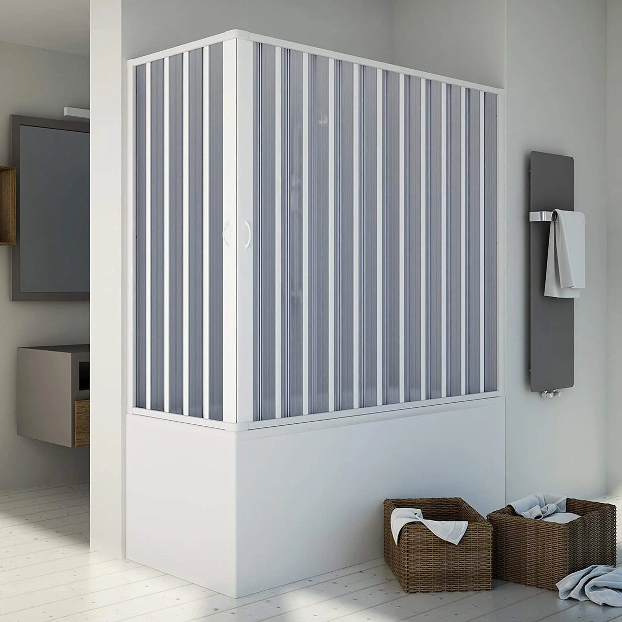 nova vasca hoekdouchecabine met centrale opening witte pvc profielen balgopening magnetische sluiting verstelbaar van 70 x 140 tot 70 x 170 cm
