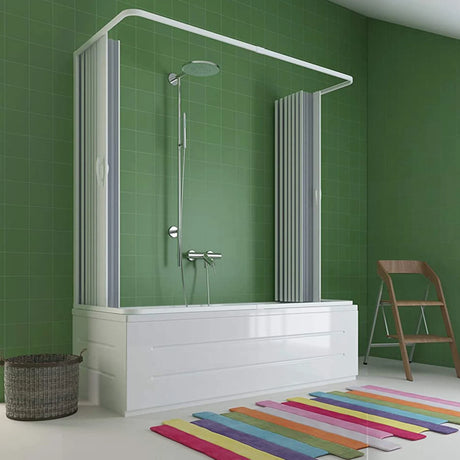 olsen spa vasca saturno new flex badscherm met centrale opening transparante lamellen kunststof frame ruimtebesparend ontwerp voor badkamers