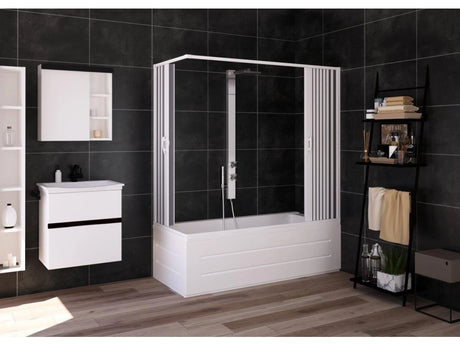 vasca giove new flex badscherm met centrale opening witte pvc profielen vouwpanelen verstelbaar ontwerp 70 x 170 cm hoogte 150 cm ruimtebesparend vouwsysteem