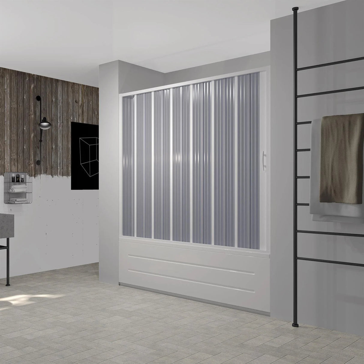 vasca marte new flex badscherm met zijsluiting witte pvc profielen balgopening magnetische sluiting verstelbaar van 140 tot 170 cm ruimtebesparend ontwerp