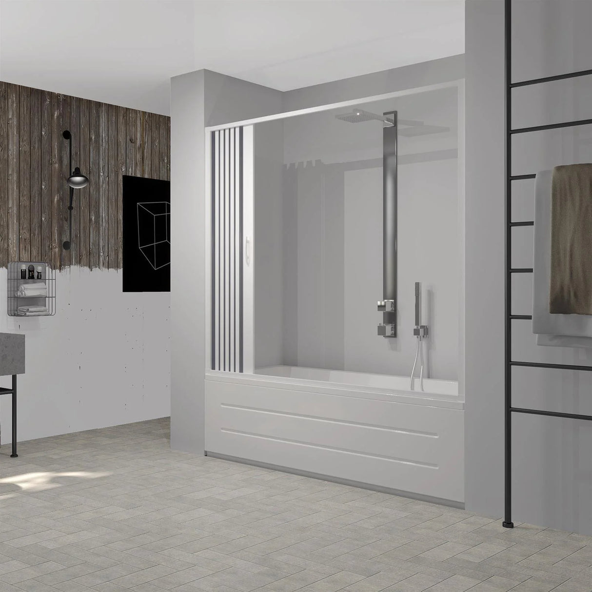 vasca marte new flex badscherm met zijsluiting witte pvc profielen balgopening magnetische sluiting verstelbaar van 140 tot 170 cm ruimtebesparend ontwerp