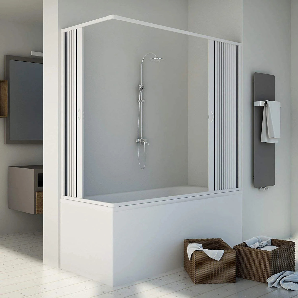 vasca nova point douche vouwdeur voor bad met uitschuifbare zijopening witte pvc profielen balgopening magnetische sluiting verstelbaar van 140 tot 170 cm